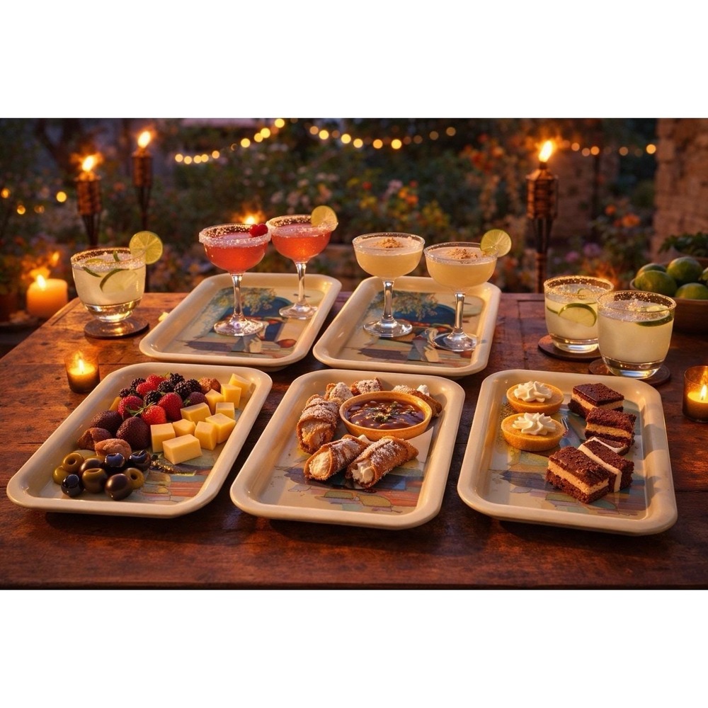 Set of 5 Metal Serving Trays‎ Spanish Courtyard Scene Retro 1960s Southwestern